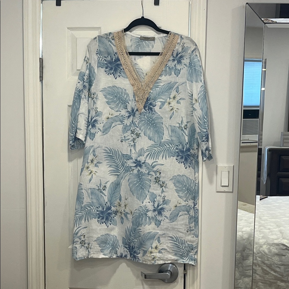Lucia Perla 💯 Linen Blue and White Floral Dress with Lace Detail